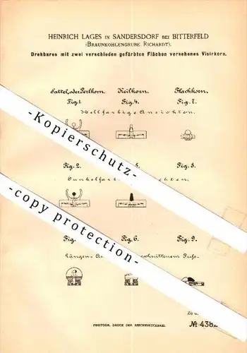 Original Patent - Heinrich Lages in Sandersdorf-Brehna b. Bitterfeld , 1888 , Visierkorn , Braunkohle-Grube Richardt !!!