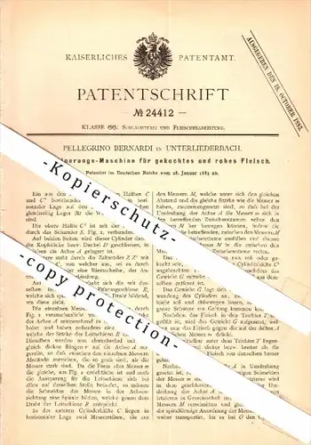 Original Patent - Pellegrino Bernardi in Unterliederbach / Frankfurt , 1883 , Maschine für rohes Fleisch , Fleischerei