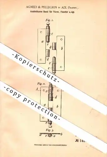 Original Patent - Agnely & Pellegrin à Aix , 1903 , Charnière pour portes et fenetres , fenetre !!!