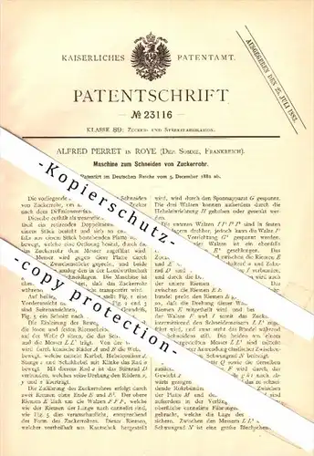 Original Patent - Alfred Perret in Roye , Somme , 1882 , Maschine zum Schneiden von Zuckerrohr !!!