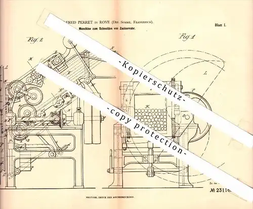 Original Patent - Alfred Perret in Roye , Somme , 1882 , Maschine zum Schneiden von Zuckerrohr !!!