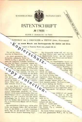 Original Patent - Cl. Jouffrey und J. Chevalier in Vienne , Isere , 1881 , Waschapparat für Erz , Bergbau !!!