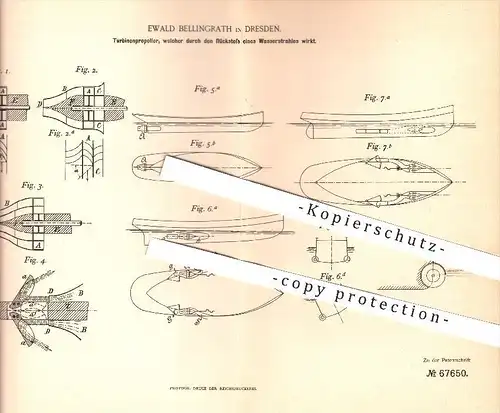 original Patent - Ewald Bellingrath , Dresden , 1891 , Turbinen - Propeller , Schiff , Schiffe , Schiffbau , Turbine !!!