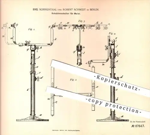 original Patent - E. Sonnenthal , R. Schmidt , Berlin , 1892 , Schablonenhalter für Maler , Malerei , Malen , Schablone