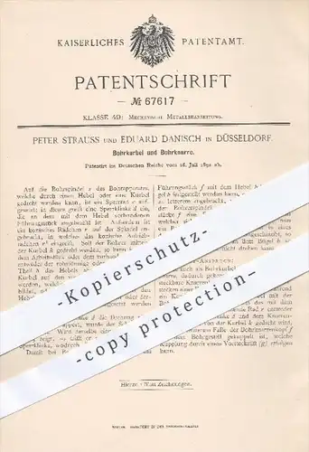 original Patent - P. Strauss , E. Danisch , Düsseldorf  1892 , Bohrkurbel u. Bohrknarre , Bohren , Bohrer , Bohrmaschine
