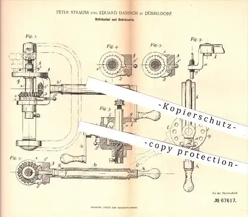 original Patent - P. Strauss , E. Danisch , Düsseldorf  1892 , Bohrkurbel u. Bohrknarre , Bohren , Bohrer , Bohrmaschine