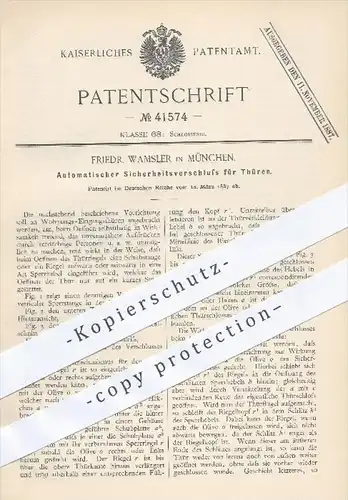 original Patent - Friedr. Wamsler , München , 1887 , Autom. Sicherheitsverschluss für Türen , Tür , Schloss , Schlosser