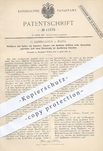 original Patent - G. Reininghaus , Mainz , 1887 , Spülen von Flaschen , Flasche , Fass , Fässer , Glas , Gläser !!!