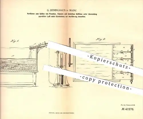 original Patent - G. Reininghaus , Mainz , 1887 , Spülen von Flaschen , Flasche , Fass , Fässer , Glas , Gläser !!!