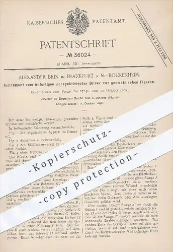 original Patent - A. Brix , Frankfurt / Main - Bockenheim , 1885 , perspektivische Bilder von geometrischen Figuren !