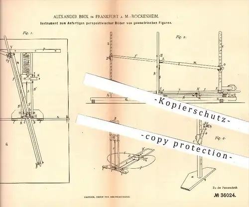 original Patent - A. Brix , Frankfurt / Main - Bockenheim , 1885 , perspektivische Bilder von geometrischen Figuren !