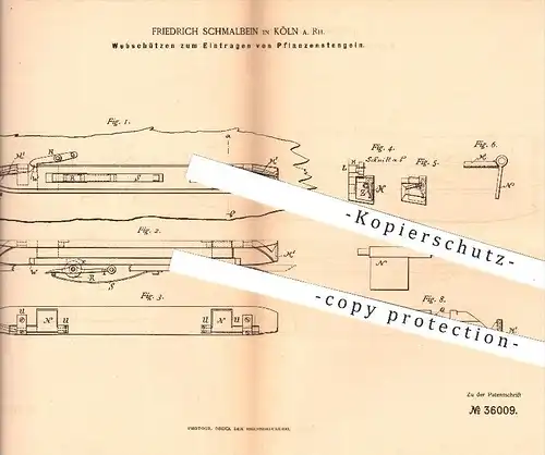 original Patent - F. Schmalbein , Köln  Rhein , 1885 , Webschützen zum Eintragen von Pflanzenstengeln , Webstuhl , Weben