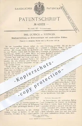 original Patent - E. Dunisch , Solingen , 1886 , Vorhänge mit senkrechten Stäben , Jalousie , Fenster , Hochbau !!!