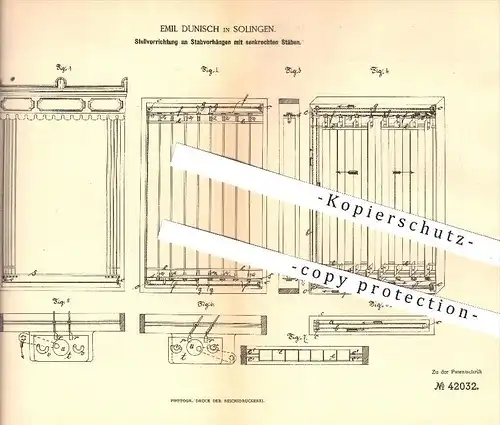 original Patent - E. Dunisch , Solingen , 1886 , Vorhänge mit senkrechten Stäben , Jalousie , Fenster , Hochbau !!!