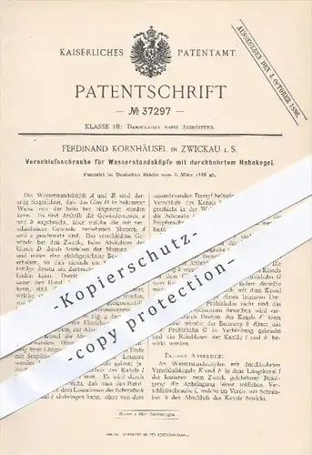 original Patent - F. Kornhäusel , Zwickau , 1886 , Verschluss - Schraube für Wasserstandsköpfe , Dampfkessel !!!