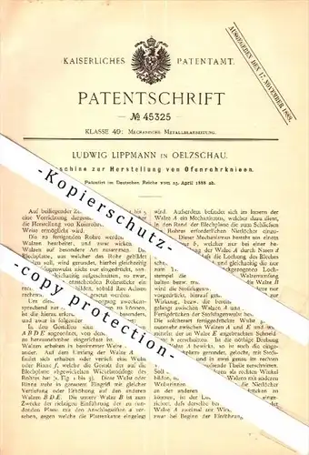 Original Patent - Ludwig Lippmann in Oelzschau b. Rötha , 1888 , Herstellung von Ofenrohren , Heizungsbau , Ofenbau !!!