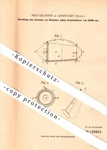 Original Patent - Nils Salvesen in Grimstad , Norway , 1901 , Eksponering for olje containere fra skipet !!!