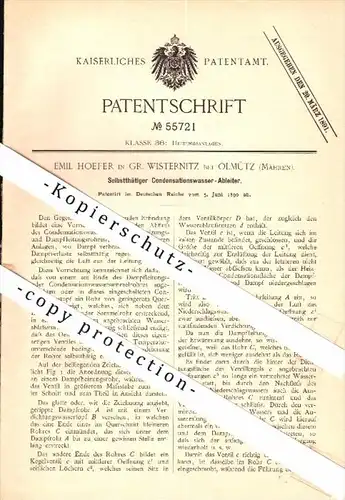 Original Patent - Emil Hoefer in Groß Wisternitz / Velká Bystrice b. Olmütz , 1890 , Wasserableiter für Heizung Olomouc