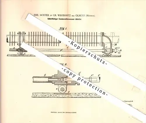 Original Patent - Emil Hoefer in Groß Wisternitz / Velká Bystrice b. Olmütz , 1890 , Wasserableiter für Heizung Olomouc