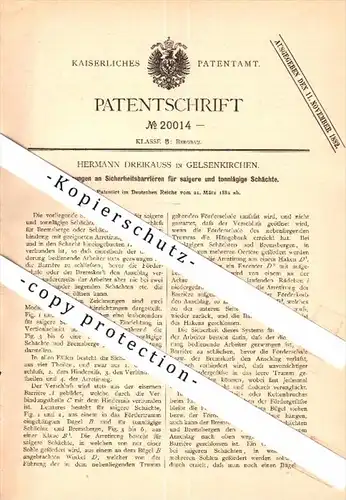 Original Patent - Hermann Dreikauss in Gelsenkirchen , 1882, Sicherheitsbarriere für Schächte , Bergwerk , Grube , Zeche