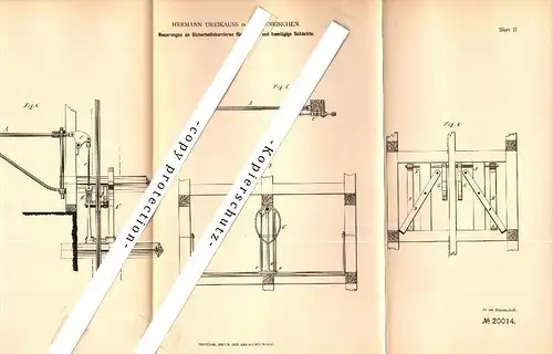 Original Patent - Hermann Dreikauss in Gelsenkirchen , 1882, Sicherheitsbarriere für Schächte , Bergwerk , Grube , Zeche