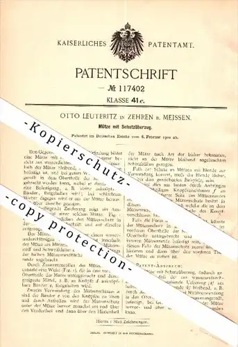 Original Patent - Otto Leuteritz in Diera-Zehren b. Meissen , 1900 , Mütze mit Schutzüberzug !!!