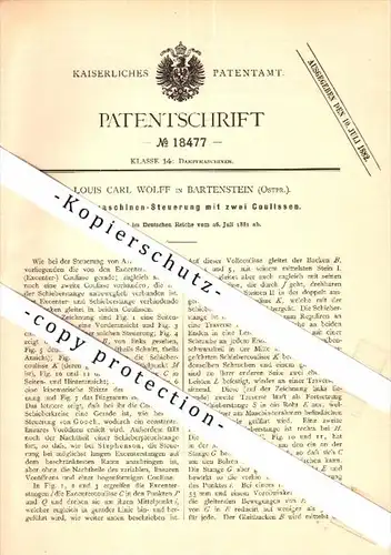 Original Patent - Louis Carl Wolff in Bartenstein / Bartoszyce , Ostpreussen , 1881 , Steuerung für Dampfmaschine !!!