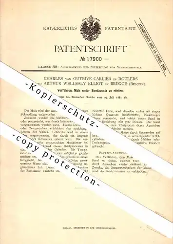 Original Patent - Charles van Outrive-Carlier in Roulers und A. Elliot in Brügge , 1881 , Rösten von Mais , Roeselare !!