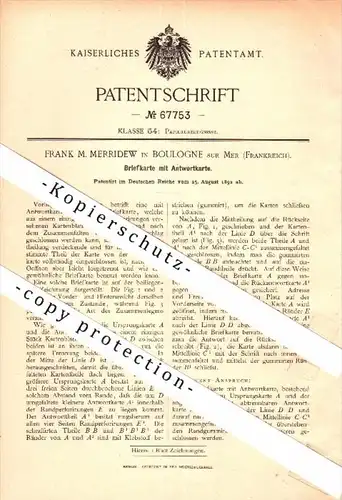 Original Patent - Frank Merridew à Boulogne sur Mer , 1892 , Carte de note avec une carte de réponse , poste !!!