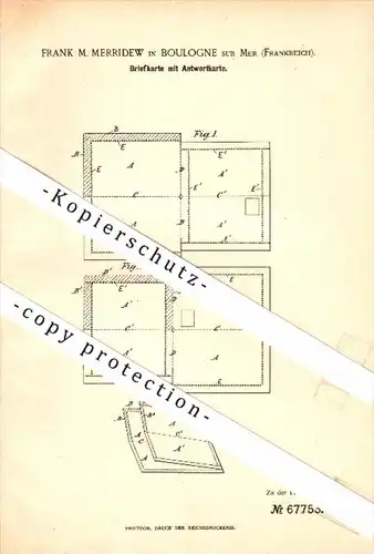 Original Patent - Frank Merridew à Boulogne sur Mer , 1892 , Carte de note avec une carte de réponse , poste !!!