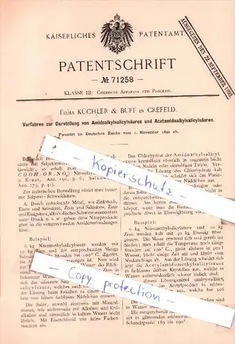 Original Patent  - Firma Küchler & Buff in Crefeld , 1892 , Chemische Apparate und Processe !!!