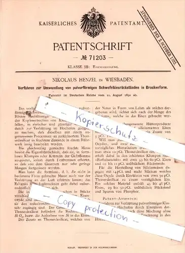 Original Patent  - Nikolaus Henzel in Wiesbaden , 1892 , Eisenerzeugung !!!