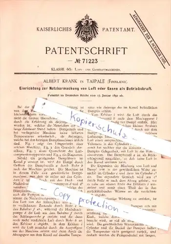 Original Patent  - Albert Krank in Taipale , Finnland , 1892 , Luft- und Gaskraftmaschinen !!!