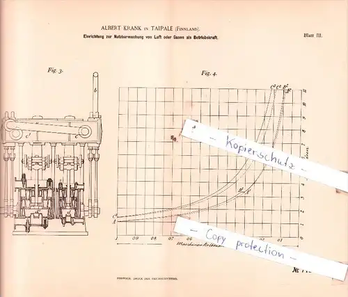 Original Patent  - Albert Krank in Taipale , Finnland , 1892 , Luft- und Gaskraftmaschinen !!!