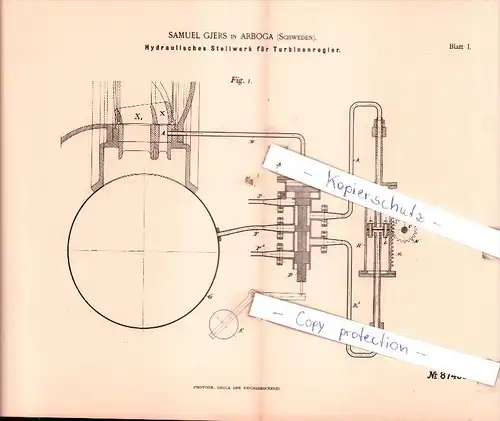 Original Patent  - Samuel Gjers in Arboga , Schweden , 1895 , Hydraulisches Stellwerk für Turbinenregler !!!