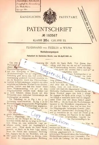 Original Patent  - Ferdinand von Fiedler in Wilna , 1905 , Nachahmungssignal !!!