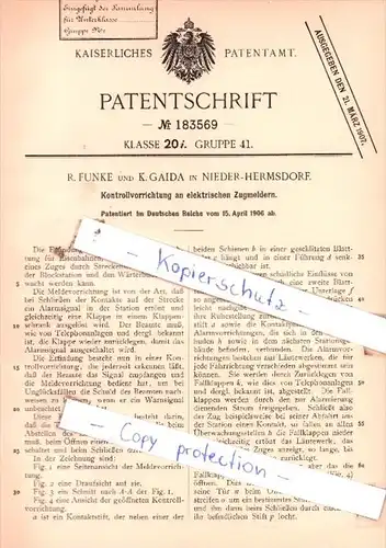 Original Patent  - R. Funke und K. Gaida in Nieder-Hermsdorf , 1906 , Kontrollvorrichtung !!!