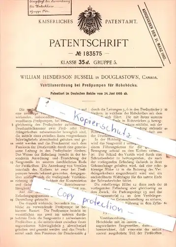 Original Patent  - W. Henderson Russell in Douglastown, Canada , 1905 , Preßpumpen !!!