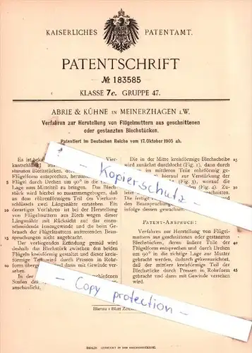 Original Patent  - Abrie & Kühne in Meinerzhagen i. W. , 1905 , Herstellung von Flügelmuttern !!!