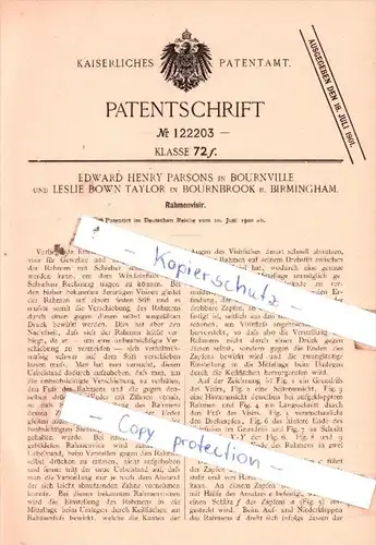 Original Patent  -  E. H. Parsons und L. Bown Taylor in Bournbrook , 1900 , Rahmenvisir !!!