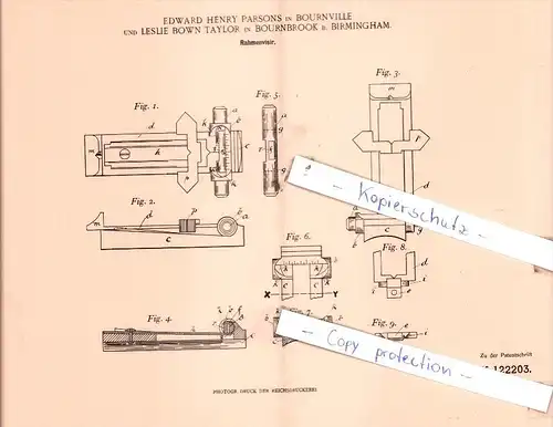 Original Patent  -  E. H. Parsons und L. Bown Taylor in Bournbrook , 1900 , Rahmenvisir !!!