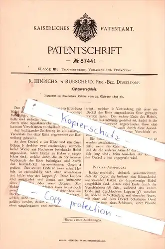 Original Patent  - R. Hinrichs in Burscheid, Reg.-Bez. Düsseldorf , 1895 , Kistenverschluß !!!