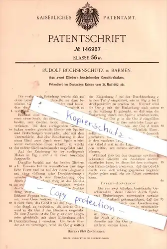 Original Patent  - Rudolf Büchsenschütz in Barmen , 1902 , Geschirrhaken !!!
