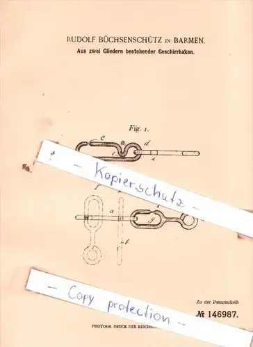 Original Patent  - Rudolf Büchsenschütz in Barmen , 1902 , Geschirrhaken !!!