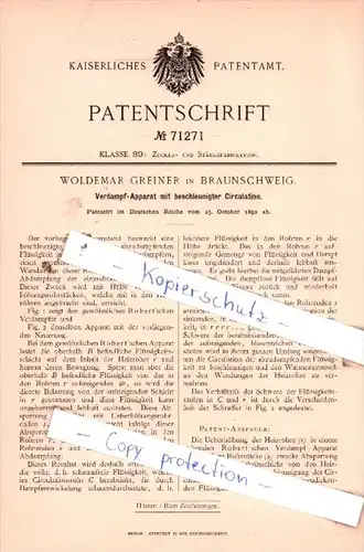 Original Patent  - Woldemar Greiner in Braunschweig , 1892 , Verdampf-Apparat !!!