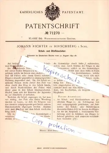 Original Patent  -  Johann Richter in Hirschberg i. Schl. , 1892 , Schuh- und Stiefelanzieher !!!