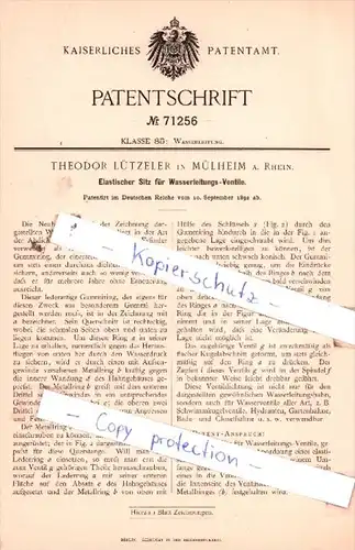 Original Patent  - Theodor Lützeler in Mülheim a. Rhein , 1892 , Wasserleitung !!!