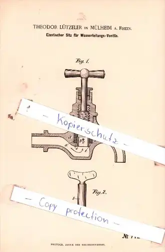 Original Patent  - Theodor Lützeler in Mülheim a. Rhein , 1892 , Wasserleitung !!!