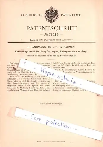 Original Patent  - F. Landmann, Dr. med., in Barmen , 1892 , Dampfkessel nebst Ausrüstung !!!