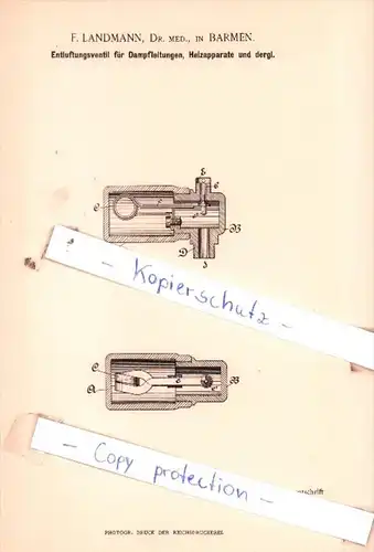 Original Patent  - F. Landmann, Dr. med., in Barmen , 1892 , Dampfkessel nebst Ausrüstung !!!